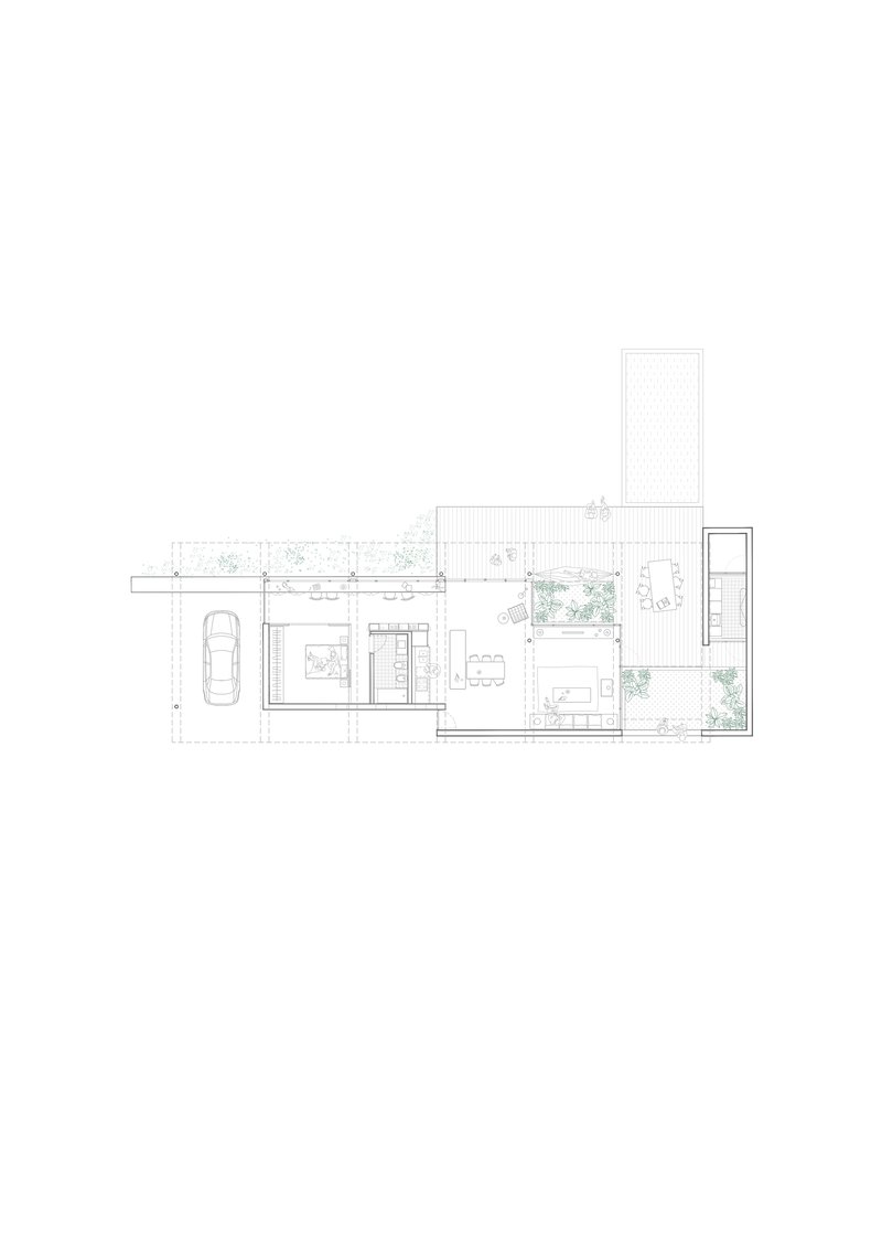 Floor plan drawing showing a linear residence with carport, courtyard gardens and vertical tower