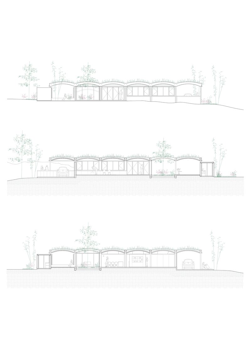Elevation drawings showing three views of the vaulted roof sequence flanked by trees