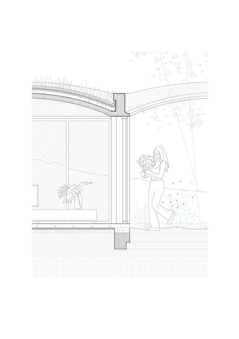 Section detail drawing showing the roof edge meeting glazing with a figure holding flowers