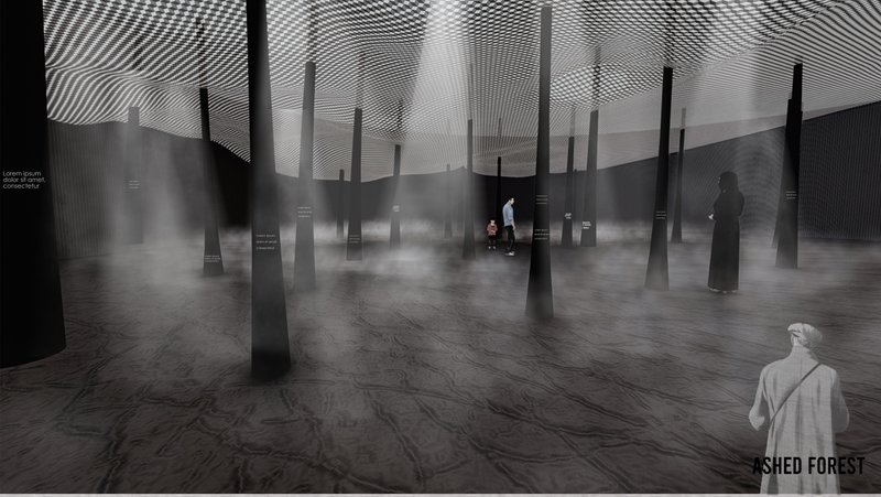 Charred landscapes and suspended silence recreate the aftermath of environmental destruction.