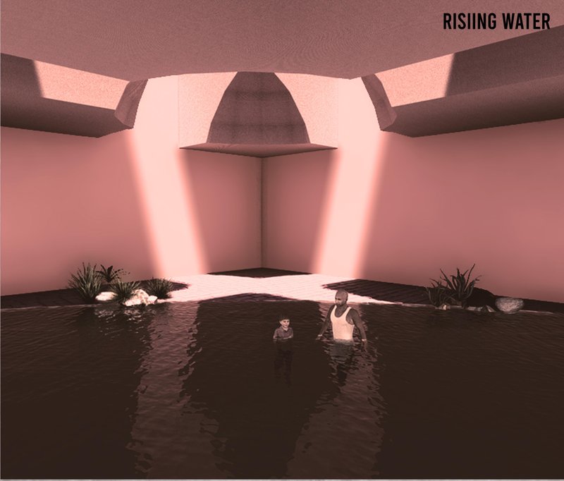 Light pierces flooded interiors, framing a fragile coexistence between humans and a drowning world.
