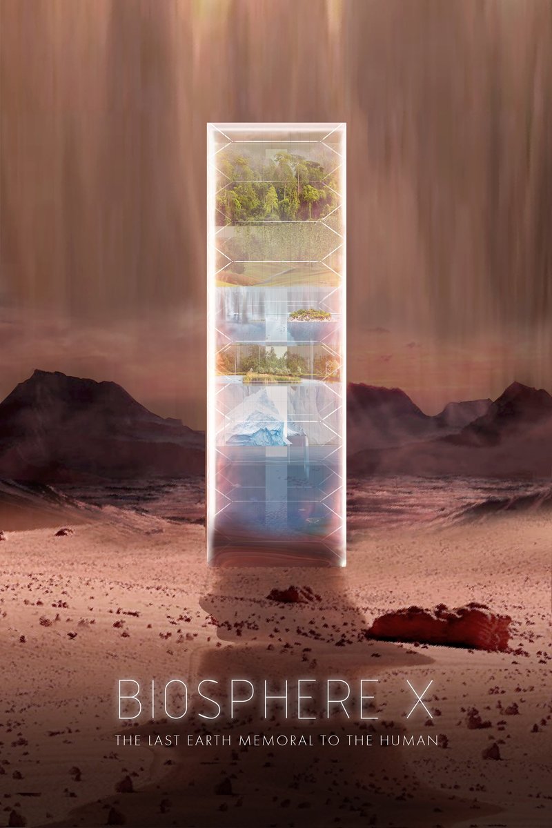 A vertical biosphere monument rises in the desert, preserving fragments of Earth’s ecosystems within a luminous architectural form.