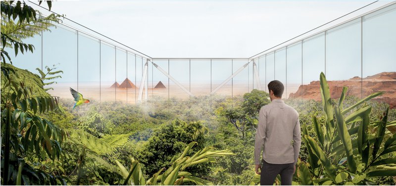 A rainforest ecosystem unfolds inside the structure, contrasting sharply with the arid desert landscape beyond.