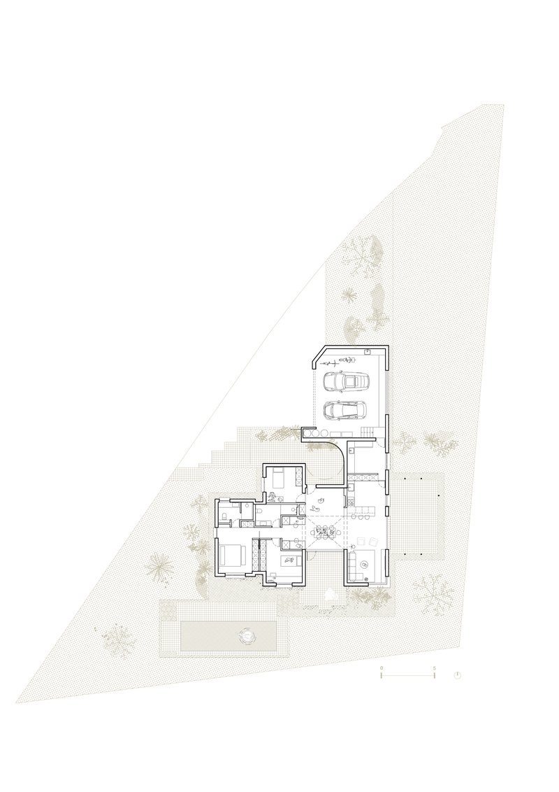 Site plan drawing showing the residence with garage, courtyard, pool and surrounding landscape