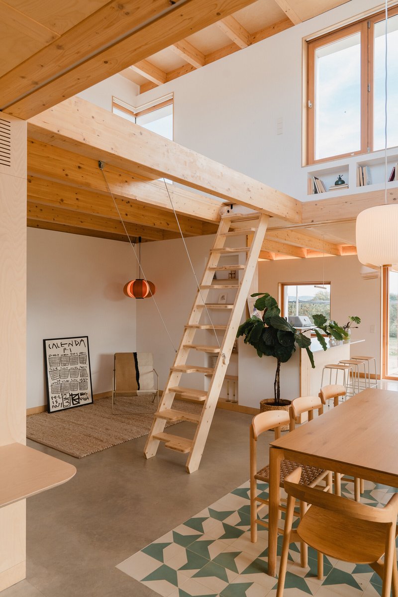 Double-height living space with timber ladder stair leading to upper mezzanine and geometric floor tiles beneath