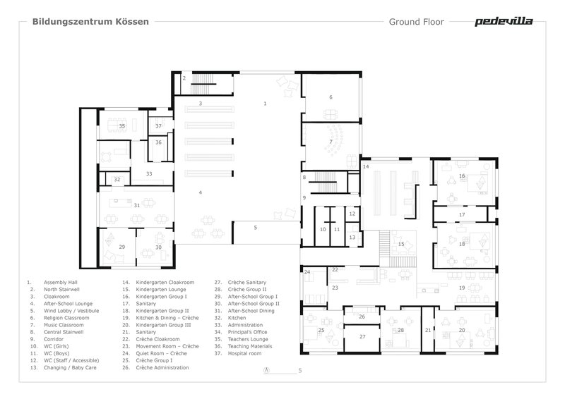 Ground floor plan drawing showing assembly hall, kindergarten classrooms and dining areas in interconnected wings