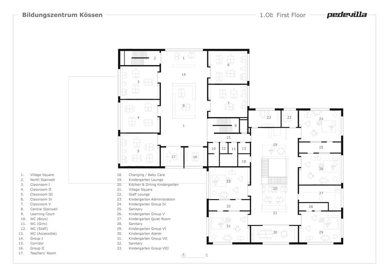 First floor plan drawing showing multiple classroom spaces, learning courts and village square areas