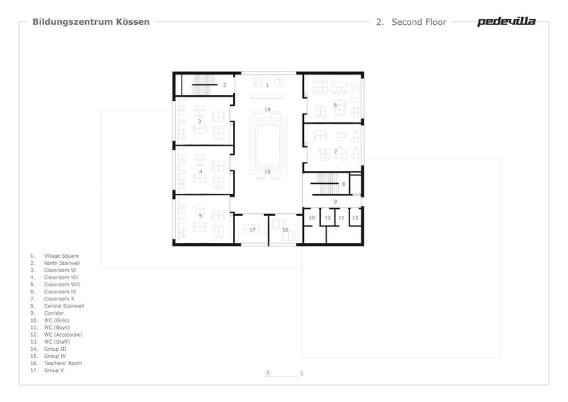 Second floor plan drawing showing classroom wings with central stairwell and corridor connections