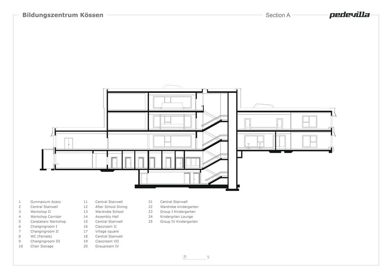 Section drawing through multiple levels showing sloped corridors connecting stepped building volumes