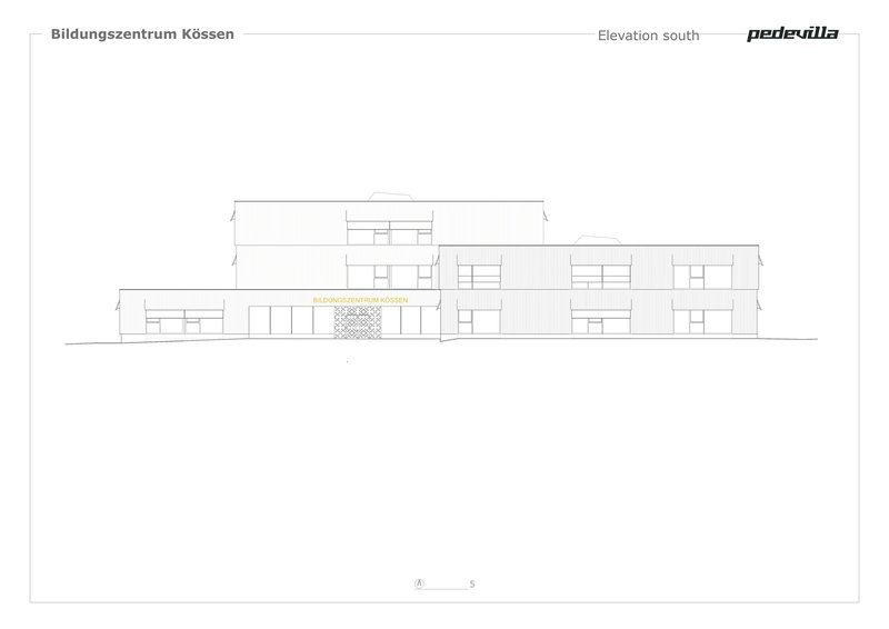 South elevation drawing showing horizontal facade with recessed entry and staggered window openings