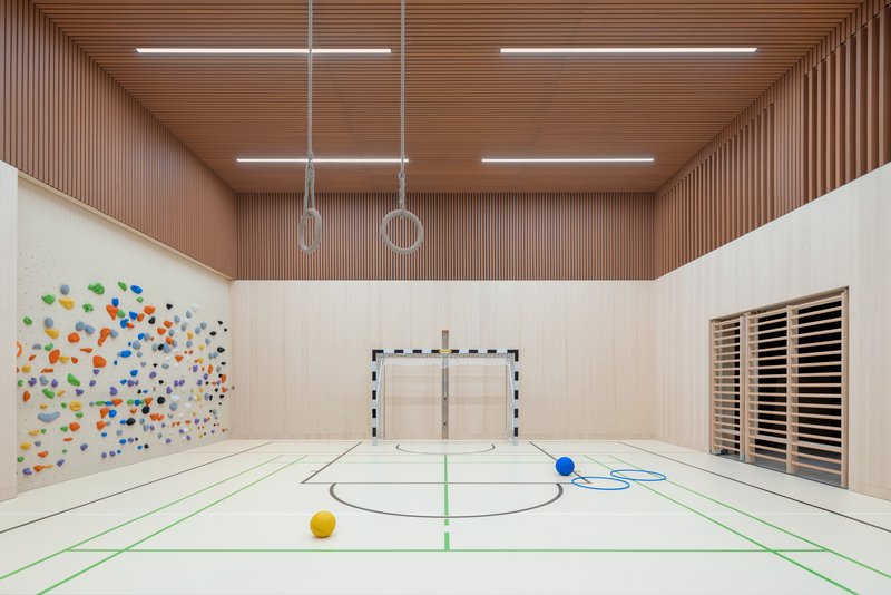 Indoor gymnasium with ribbed terracotta ceiling, floor markings, gymnastic rings, and a goal net against pale plywood walls