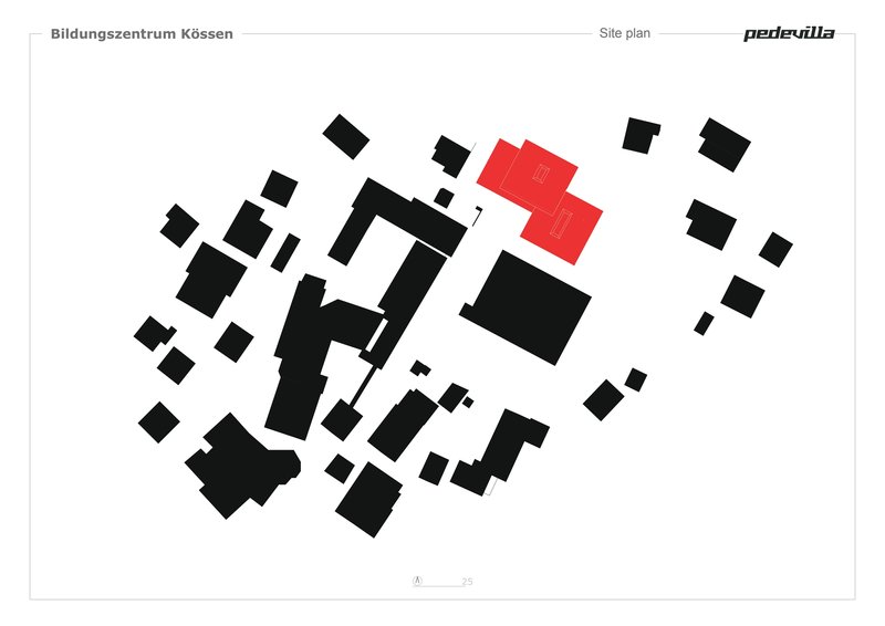 Site plan drawing showing the cruciform building footprint in red among surrounding black building masses