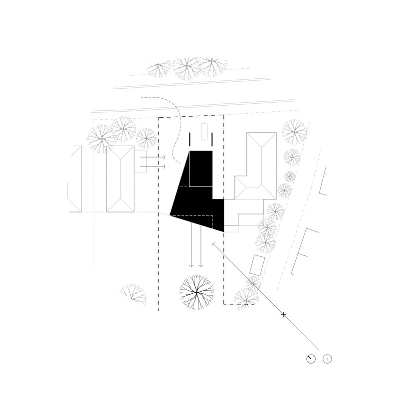Site plan drawing showing the footprint surrounded by existing structures and landscaping