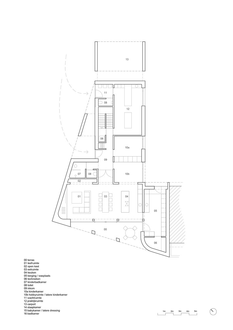 Ground floor plan drawing with open living spaces and an angled terrace