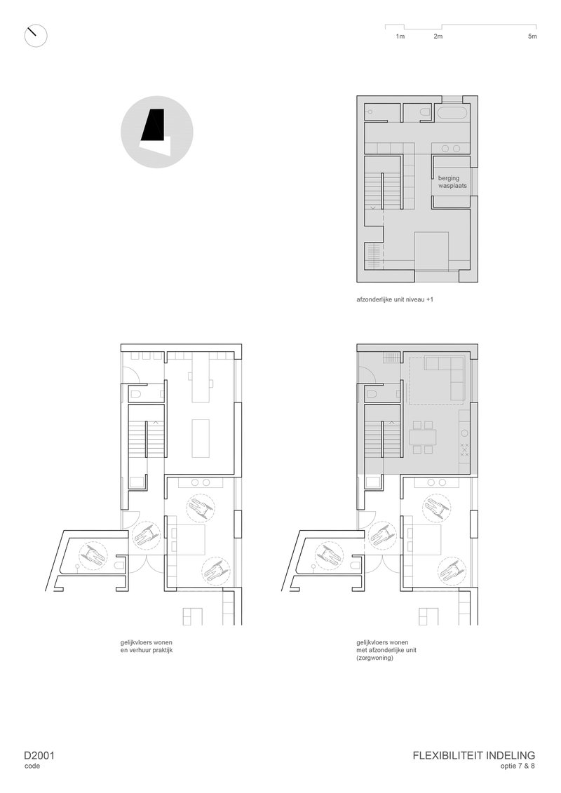 Floor plan drawing showing multiple levels with staircase, kitchen, and living spaces in various configurations