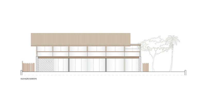 Elevation drawing of a flat-roofed pavilion with full-height glazing and horizontal timber louvers above