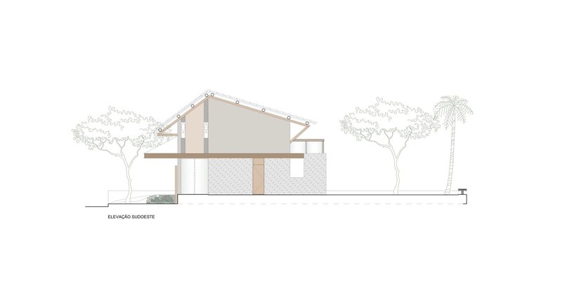 Elevation drawing depicting a pitched-roof structure with a textured wall panel beneath the eave flanked by trees