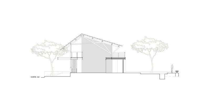 Section drawing revealing the pitched roof structure with trees on either side