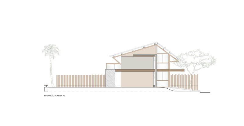 Elevation drawing of a gabled house with vertical slatted fencing and palm tree in the landscape