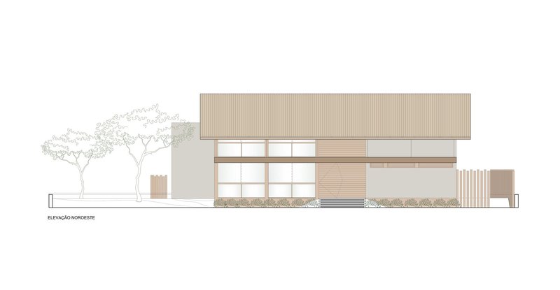 Elevation drawing showing a horizontal facade with large glazed openings and planted beds alongside flanking trees