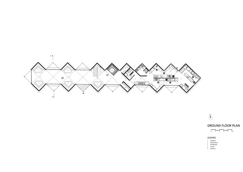 Ground floor plan drawing showing nine interlocking diamond-shaped volumes with central service core