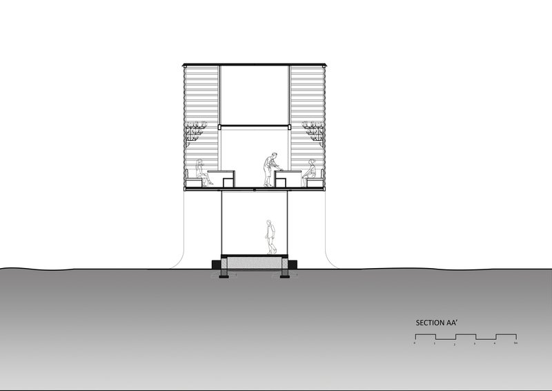 Section drawing revealing a double-height courtyard space with figures and louvered upper walls