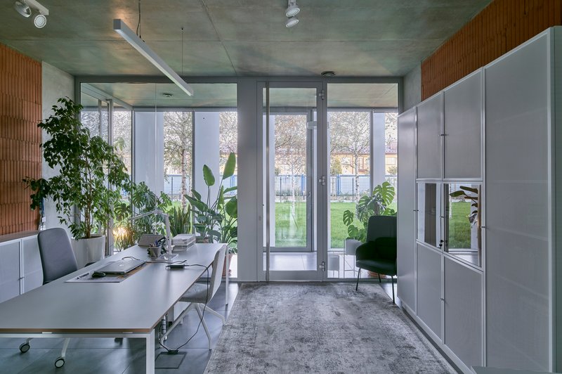 Office interior with white workstations and storage wall facing glazed doors opening to lawn and trees