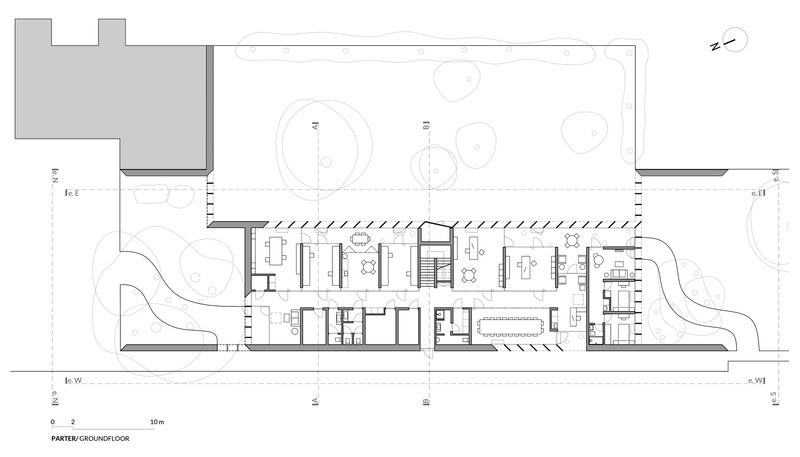 Ground floor plan drawing showing linear room arrangement with landscaped courtyard and circular tree canopies