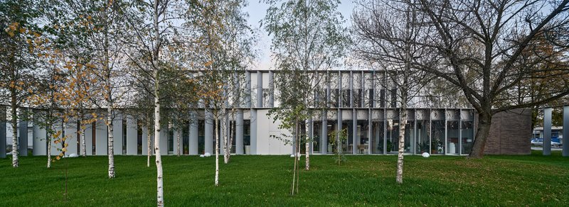 White colonnade with tall vertical slats viewed through a grove of birch trees in autumn