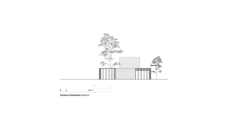 North elevation drawing showing vertical slat screens, brick cladding, and flanking trees