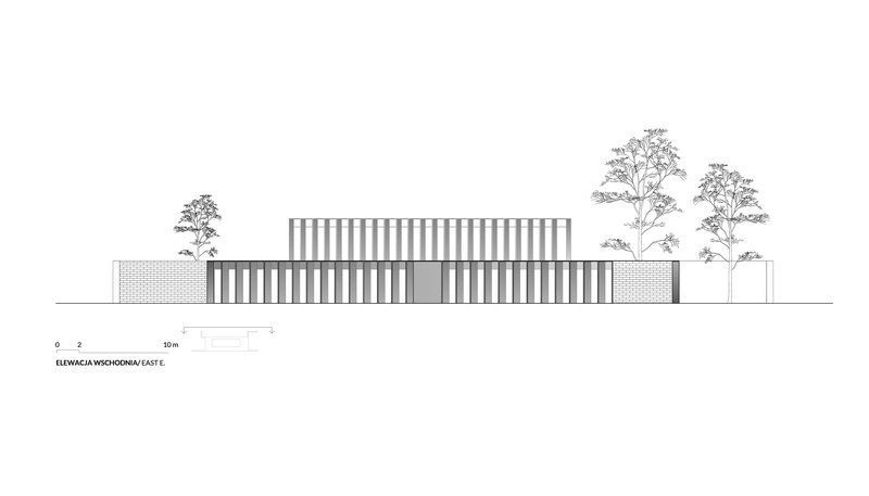 East elevation drawing showing rhythmic vertical slatted facade with brick end walls and trees