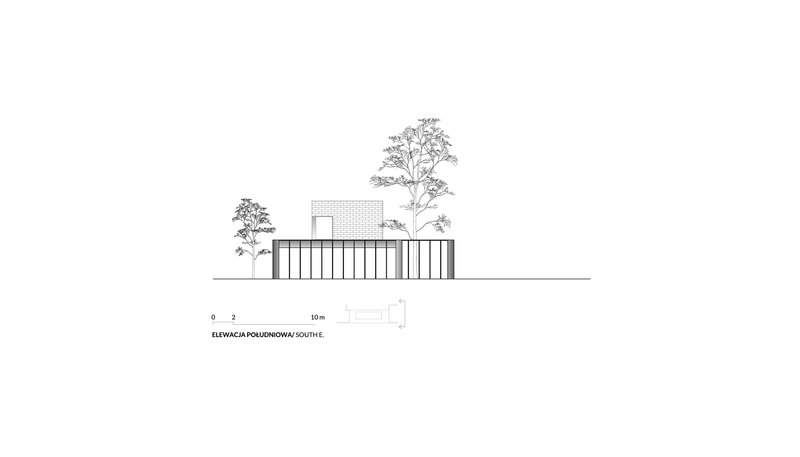 South elevation drawing showing vertical slat screen facade and brick volume with trees