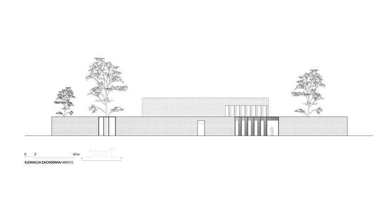 West elevation drawing showing horizontal brick wall with central entry and vertical slat section