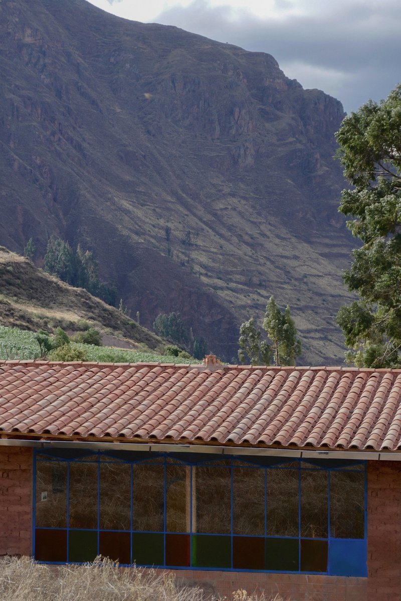 Glazed facade with blue and colored panels beneath a clay tile roof against mountainside