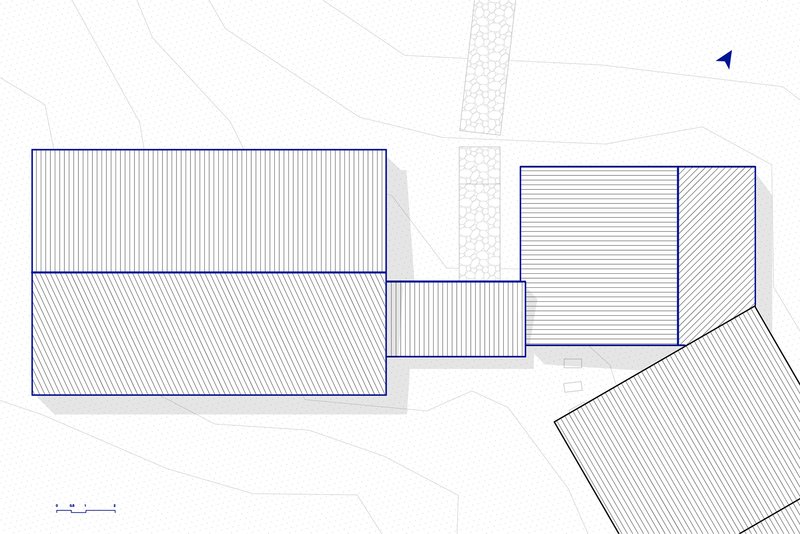Roof plan drawing showing tile patterns and angular volumes at the building edge