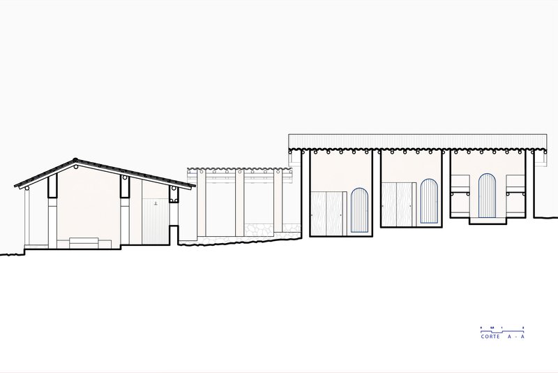 Section drawing showing a gabled volume connected to rectilinear forms with arched openings and decorative roof trim