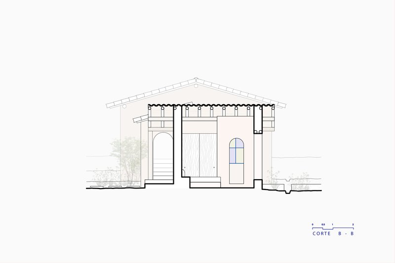 Section drawing showing a gabled structure with arched and rectangular openings beneath a pitched roof
