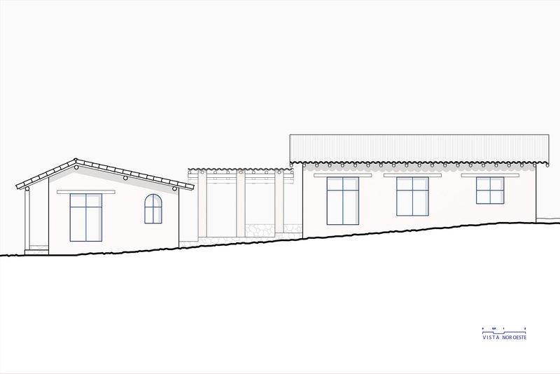 Elevation drawing showing a gabled entrance volume linked to a long rectilinear form with rectangular windows
