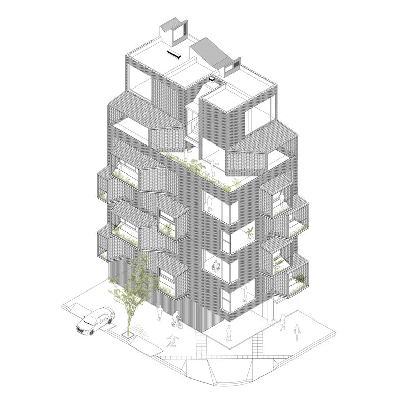 Axonometric drawing of a stacked brick tower with offset volumes and planted balconies on each level