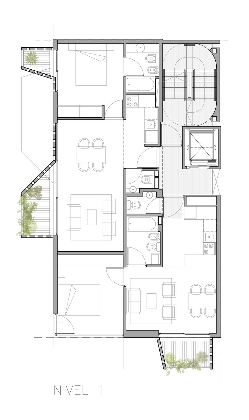 First level floor plan drawing showing bedroom, bathroom, kitchen and planted balcony zones