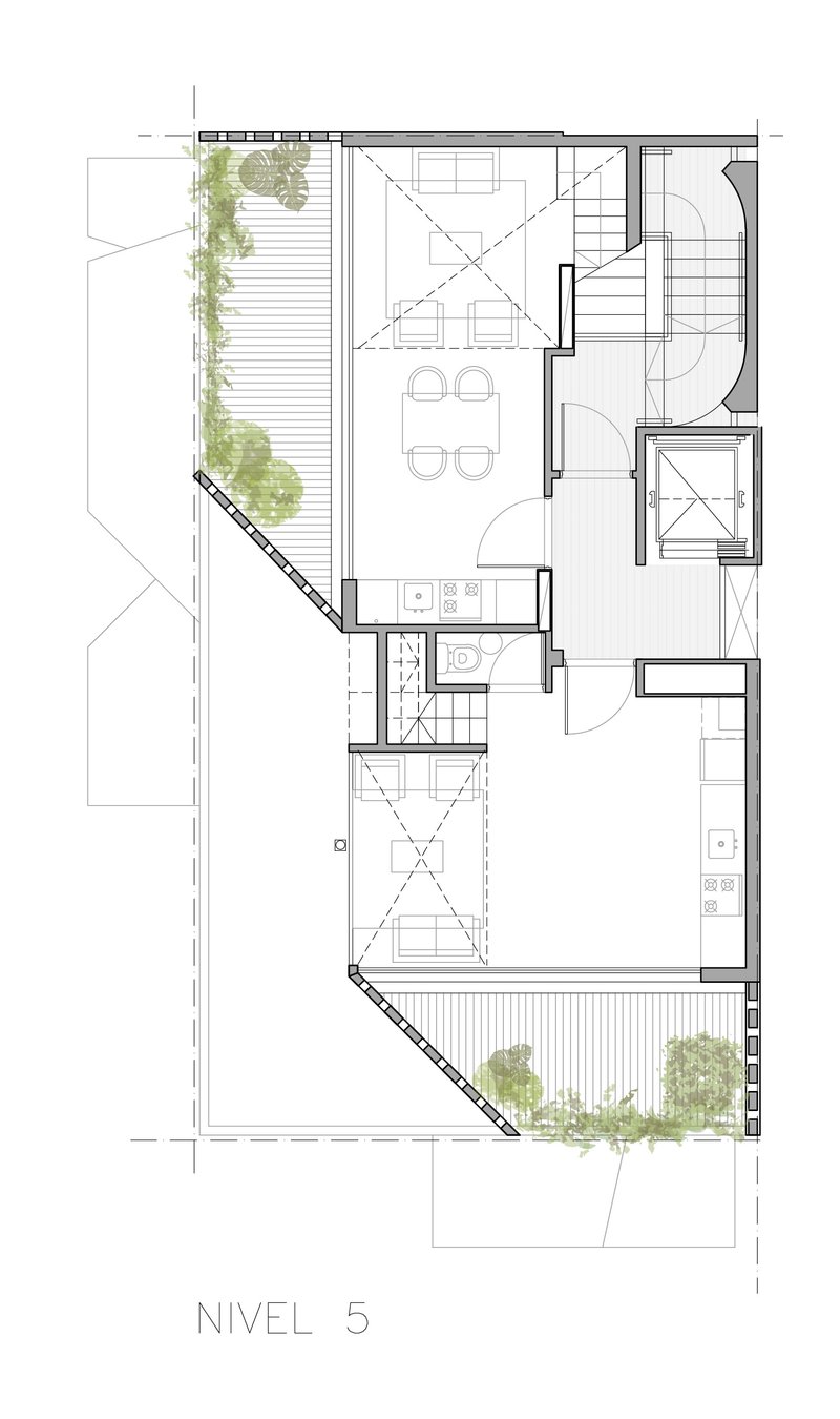 Fifth level floor plan drawing showing living areas, kitchen, bathrooms and planted terraces with trees