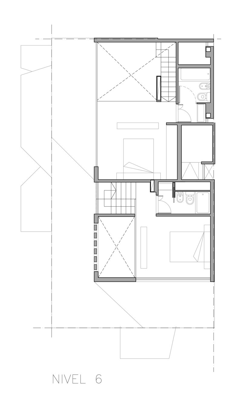 Floor plan drawing showing two levels with bedrooms, bathrooms, staircase and double-height volume
