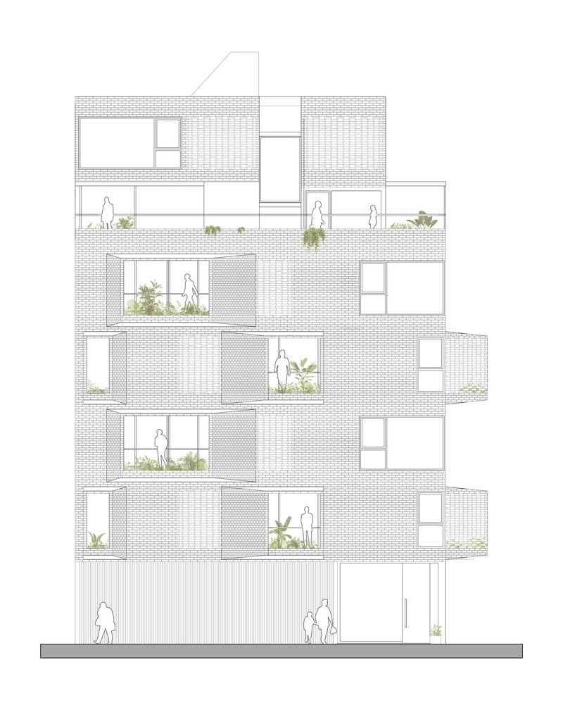 Elevation drawing showing staggered brick volumes with planted balconies and figures throughout