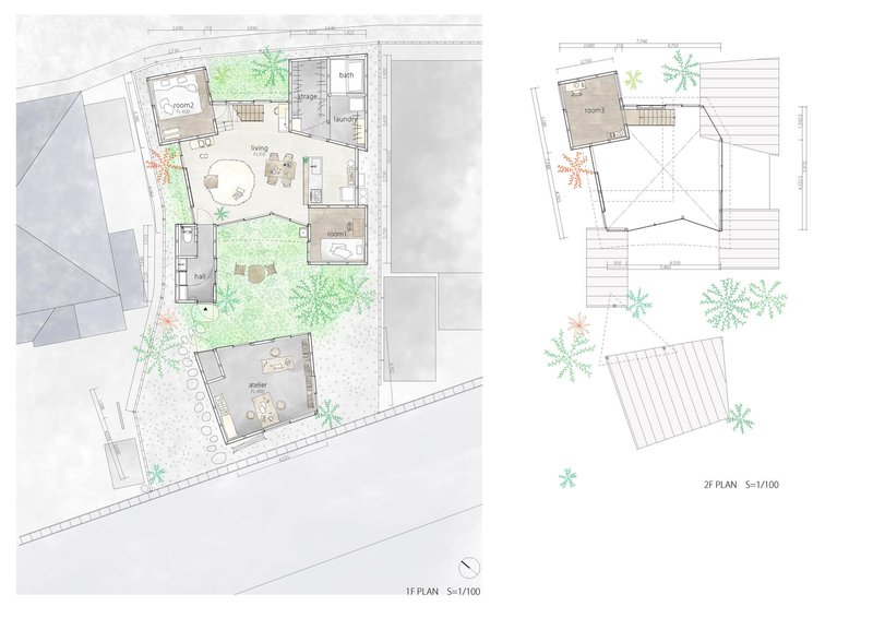 Floor plans showing two levels with courtyard gardens and tree plantings in watercolor rendering