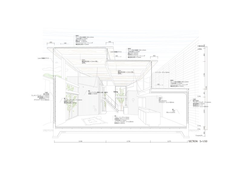 Section drawing revealing interior spatial relationships with double-height volumes and roof structure