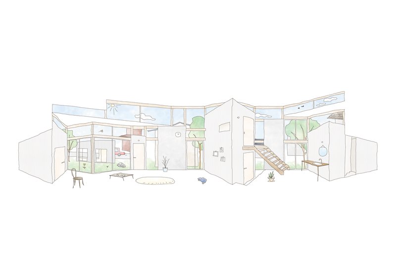 Cutaway perspective drawing revealing interior rooms with furniture, a ladder, and planted courtyards with trees