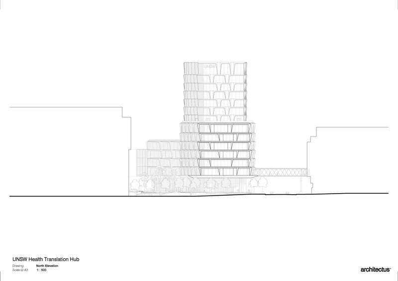 North elevation drawing showing the stepped tower rising above a horizontal podium base with trees