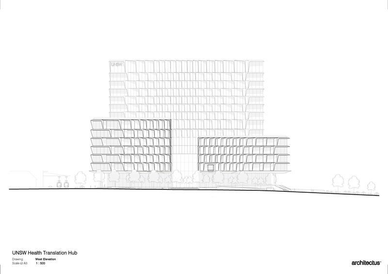 West elevation drawing showing three stacked volumes with gridded facades and landscaping at grade