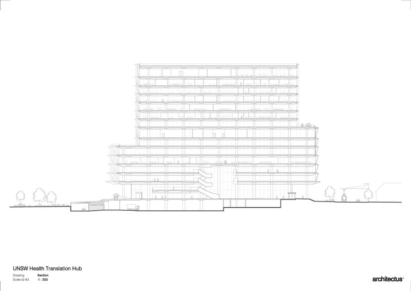 Section drawing revealing the stacked floor plates and central atrium connecting podium to tower