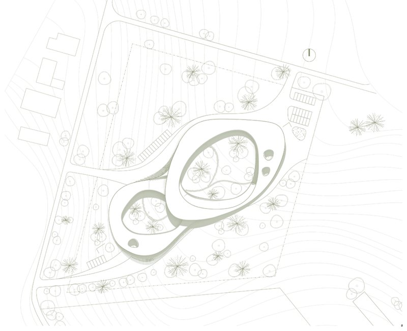 Site plan illustrating the organic dual-ring form integrated with terrain and circulation flows.
